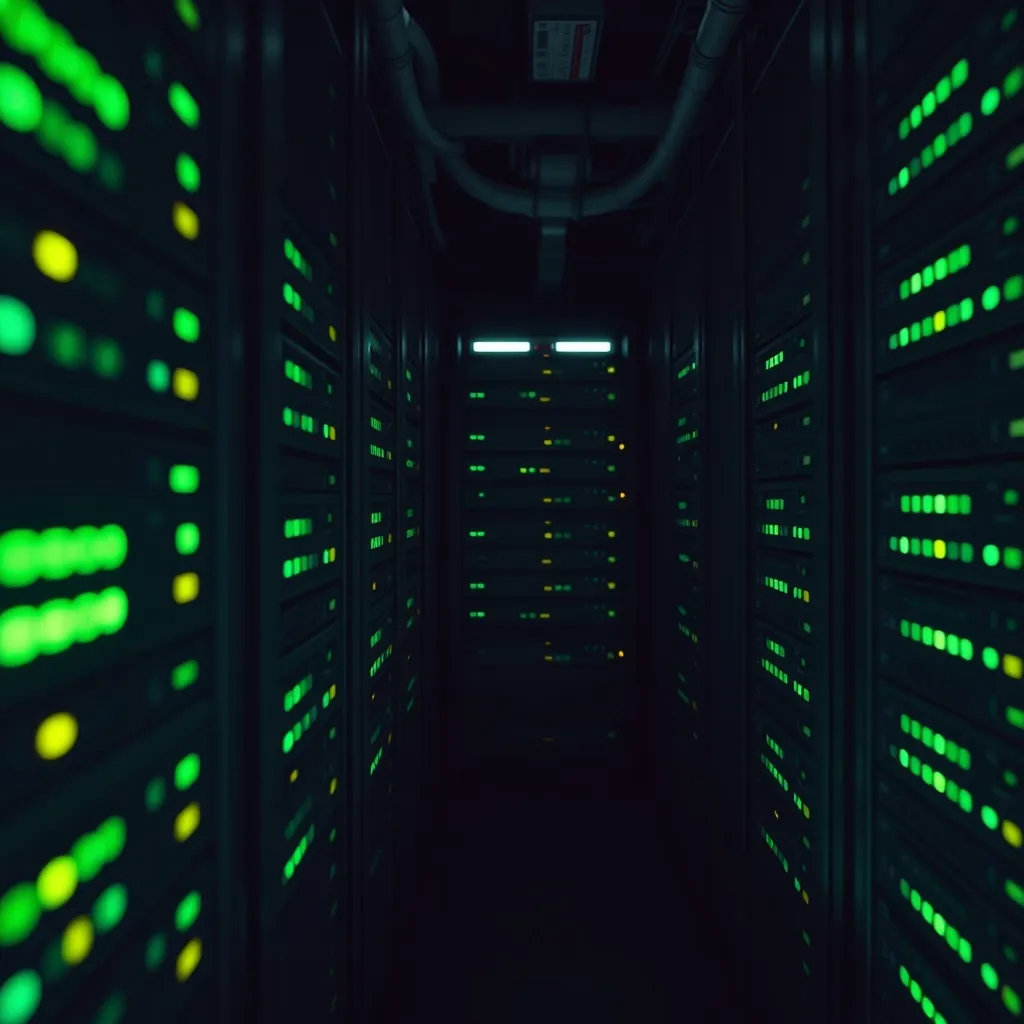 A macro detailed photography of a dark server room with gree