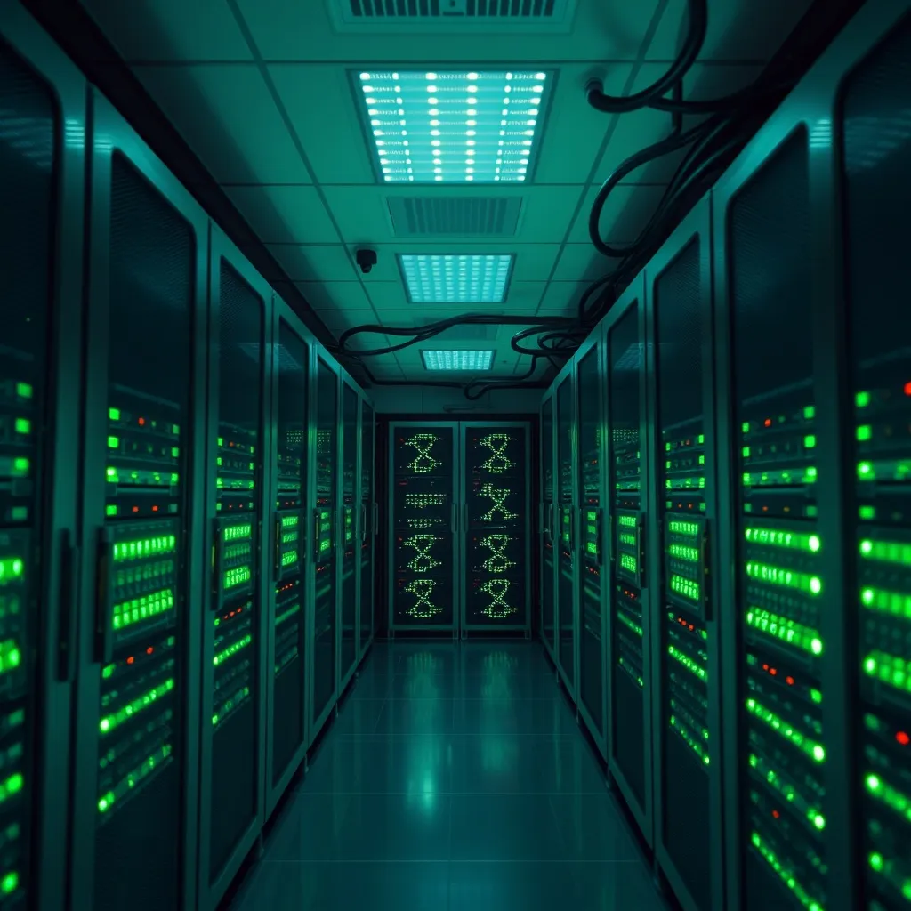 High-tech server room with green status lights, professional