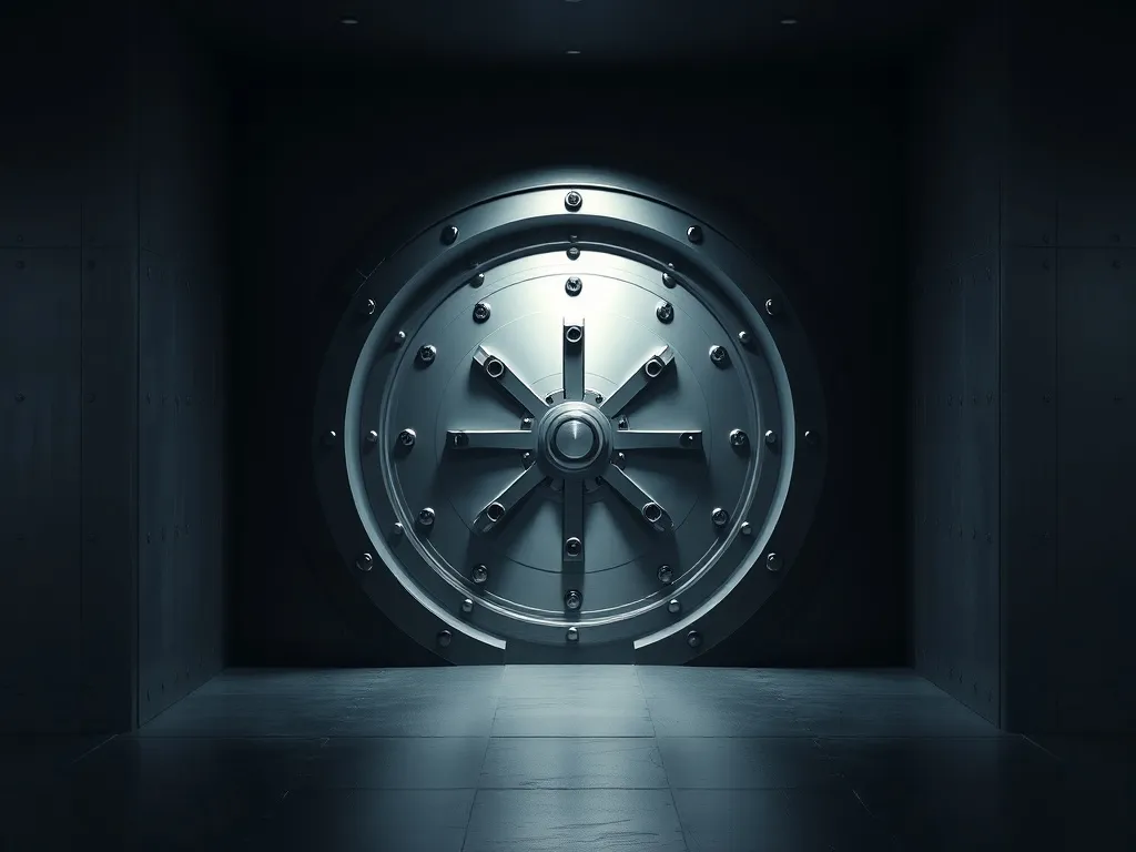 A minimalist architectural photograph of a modern bank vault